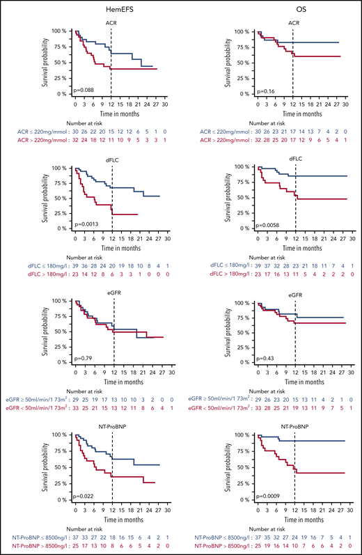 HemEFS and OS for specific subgroups with DVD. KM plots for hemEFS (left) and OS (right) stratified by cutoffs for ACR, dFLC, eGFR, and NT-ProBNP. P values between groups listed in KM plots.