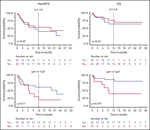 HemEFS and OS for specific subgroups with DVD. KM plots for hemEFS (left) and OS (right) stratified by presence of translocation t(11;14) and gain of 1q21. P values between groups listed in KM plots.