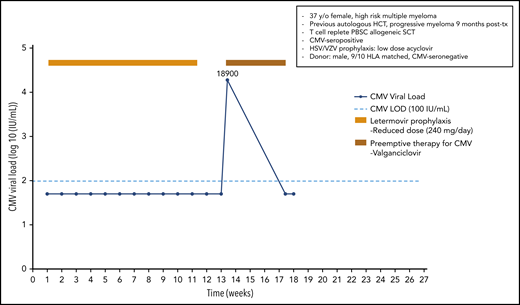 Case 1: engraftment, viral reactivation, antiviral prophylaxis, treatment, and other relevant clinical data of a 37-year-old woman with high-risk multiple myeloma.
