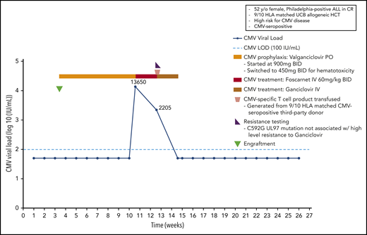 Case 3: engraftment, viral reactivation, antiviral prophylaxis, treatment, and other relevant clinical data of a 52-year-old woman with Philadelphia-positive ALL in CR.