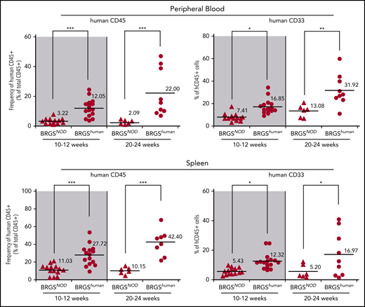 Human hematopoiesis reconstitution in the periphery is enhanced in BRGShumanmice. Proportions of human CD45+ cells and CD33+ myeloid cells in peripheral blood (upper panels) and spleen (lower panels) of BRGSNOD and BRGShuman recipients. The numbers and horizontal bars indicate mean values. *P < .05, **P < .01, ***P < .001.