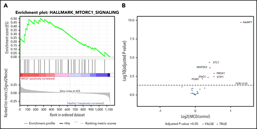 mTORC1 gene set enrichment in serum proteomics (A) GSEA of serum proteomic data from 88 iMCD patients compared with 42 healthy controls. In iMCD, genes involved in the mTORC1 signaling pathway were significantly enriched (FDR, 0.243) below the FDR set at 0.25. This targeted GSEA of mTORC1 signaling was performed in addition to and separately from a comprehensive proteomics analysis carried out by coauthors (S.K.P. and D.C.F., manuscript submitted January 2020) that did not include GSEA analysis comparing all iMCD patients to healthy controls for the mTORC1 signaling pathway or others. (B) Volcano plot for iMCD vs controls of the mTORC1 genes/proteins quantified with the SOMAscan platform. The cutoff for significance is indicated by the dotted line (FDR ≤0.05). The 7 significantly different genes are all labeled and increased in iMCD compared with healthy controls. All positive fold-change values belong to the proteins that are increased in the iMCD group compared with healthy controls.