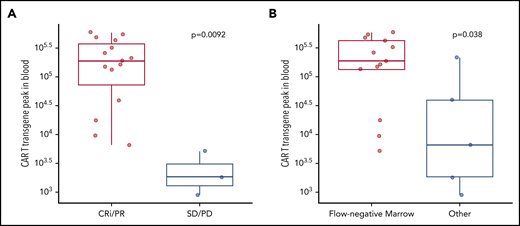 Responses to CD19 CAR T cells with concurrent ibrutinib were associated with better in vivo expansion of CAR T cells. CAR T-cell transgene peak in blood was measured by quantitative polymerase chain reaction (FLAP-EF1α copies per microgram of genomic DNA in blood) according to response by the 2018 iwCLL criteria (A) and marrow response by flow cytometry (sensitivity 10−4) (B). Bold horizontal lines represent the median, the box represents the interquartile range (IQR), and the vertical lines represent quartiles ± 1.5 × IQR. Data are from patients evaluable for response (n = 18). The P values were calculated using the Wilcoxon rank-sum test (2-sided).