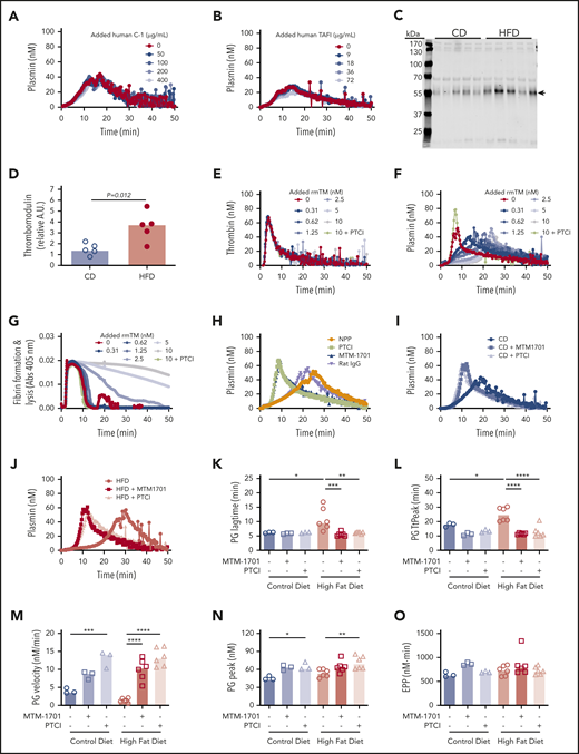 Soluble thrombomodulin and carboxypeptidase activity contribute to delayed PG. PG was measured in the presence of increasing concentrations of exogenous (A) human C-1 inhibitor and (B) human TAFI. (C-D) Plasma from CD- and HFD-fed mice were separated by sodium dodecyl sulfate-polyacrylamide gel electrophoresis and immunoblotted with anti-thrombomodulin antibody. The major band indicated with an arrow in panel C was quantified in panel D. Each lane and dot represent a separate mouse in panels C and D, respectively. (E) TG, (F) PG, and (G) turbidity were measured in the presence of increasing concentrations of rmTM (0.31-10 nM) or PTCI (50 µg/mL). (H) PG was measured in normal mouse plasma (NPP) in the absence and presence of PTCI and anti-mouse thrombomodulin antibody (MTM-1701) or control immunoglobulin G. (I-J) PG in plasma from CD- and HFD-fed mice in the absence and presence of MTM-1701 or PTCI. In this experiment, plasmas were from mice fed CD (13% kcal fat) or HFD (60% kcal fat) for 16 weeks. (K-O) PG parameters for CD- and HFD-fed mice in the absence or presence of MTM-1701 and PTCI. All experiments were performed in 1:3 diluted plasma, triggered with 0.5 pM TF and 0.31 µg/mL rtPA (for PG and turbidity assays). Each dot represents a separate mouse. Bars indicate medians. Statistical comparisons were performed by ANOVA with Dunnett post hoc testing using CD or HFD as the index condition. P < .05, **P < .01, ***P < .001, and ****P < .0001.