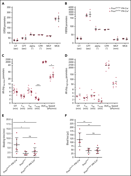 Lack of PS in platelets affects global hemostasis assessment ex vivo and in vivo. (A-B) Whole blood activation of coagulation and clot polymerization determined by ROTEM analysis rotational (thromboelastography). (A) Extrinsic‐activated rotational thromboelastometry (EXTEM) assay, (B) extrinsically activated thromboelastometric test with cytochalasin D (FIBTEM). CT, coagulation time; CFT, clot formation time; α, α-angle; CFR, clot formation rate, MCF, maximum clot firmness; MCE, maximum clot elasticity. (C-D) Total thrombus-formation analysis on whole blood on collagen and TF-coated chip (AR-chip) at low (240 s−1, C) and high (600 s−1, D) shear rate. (E-F) Bleeding time (E) and blood loss (F) were measured after 2-mm tail transection in Pros1lox/loxPf4-Cre− (n = 7), Pros1lox/loxPf4-Cre+ (n = 7), and Pros1lox/− (n = 5) mice. All data are expressed as mean ± SEM. ns, not significant; *P < .05; **P ≤ .01; ***P ≤ .001.