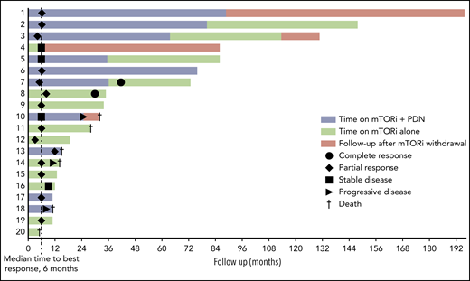 Swimmer plot of response to treatment and survival. Patients 18 and 20 had a nonbiopsy-proven diagnosis. PDN, prednisone.