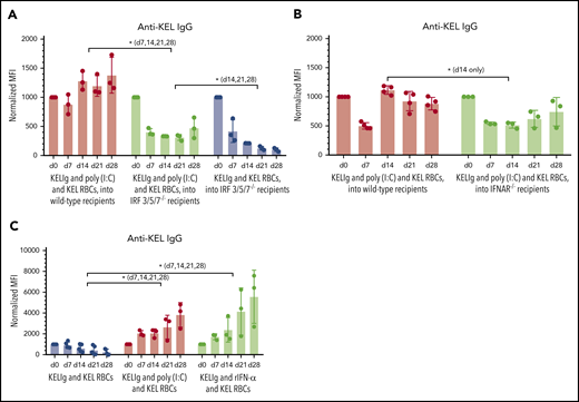 Type 1 IFN is sufficient but not necessary to lead to breakthrough alloimmunization in the setting of KELIg immunoprophylaxis. Total anti-KEL IgG was measured in the serum at the indicated time points posttransfusion (A) in wild-type or IRF 3/5/7−/− recipients passively immunized with KELIg followed by KEL RBCs in the absence or presence of poly(I:C); (B) in wild-type or IFNAR KO recipients passively immunized with KELIg followed by KEL RBCs in the presence of poly(I:C); and (C) in wild-type animals passively immunized with KELIg followed by KEL RBCs or KEL RBCs mixed with exogenous IFN-α. These data are representative of 2 to 3 independent experiments with 3 to 6 mice per group per experiment (in total, 9, 9, and 9 mice were studied across 2 experiments for panel A; 12 and 11 mice were studied across 3 experiments for panel B; 7, 6, and 7 mice were studied across 2 experiments for panel C). *P < .05 between indicated groups at day 7 (d7), 14, 21, and 28 or at described time points; error bars indicate standard deviation between individual mice.