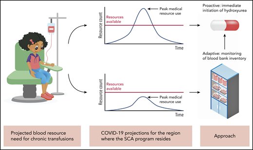 Children receiving chronic transfusions for stroke prophylaxis need a stable blood supply, which may be endangered during the COVID-19 pandemic. DeBaun proposes rapid initiation of hydroxyurea alongside transfusions in preparation for critical shortages of blood. This proactive approach could be particularly beneficial when the projected trajectory of the COVID-19 case burden indicates that the peak medical resource use will be superior to the available resources (upper branch). In other communities in which the projected trajectory will be less steep, an adaptive approach, with periodic assessment of regional blood bank inventory, may be preferable (lower branch).