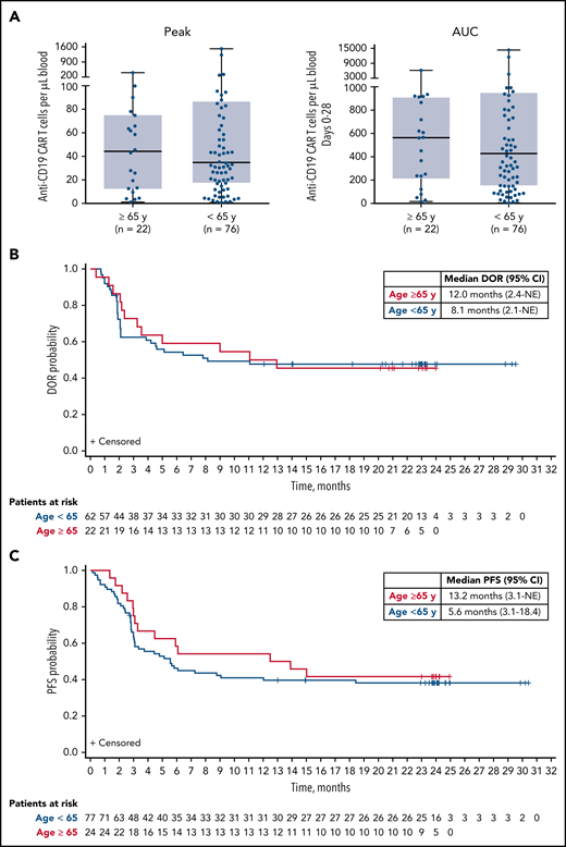 CAR T-cell expansion, DOR, and PFS by age group in ZUMA-1 phase 2 patients. (A) Peak levels (left) and AUC (days 0-28; right) of anti-CD19 CAR T cells per µL blood in patients ≥65 and <65 years of age. Phase 2 patients (n = 101) are shown. CAR T-cell levels were not available for 3 patients. (B) DOR among responders ≥65 and <65 years of age. (C) PFS in patients ≥65 and <65 years of age. AUC, area under the curve; CI, confidence interval; NE, not estimable.