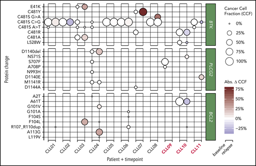 Bubble plots of prevenetoclax and postvenetoclax CCFs of mutations in BTK, PLCG2, and BCL2. Bubble size represents cancer cell fraction (CCF; 0% to 100%), and relapse bubble color encodes absolute gain or loss of clone size. Three patients with Richter-type progression are highlighted in red. CCF was adjusted for patient X-chromosome ploidy. Abs. Δ CCF, absolute change in cancer cell fraction.