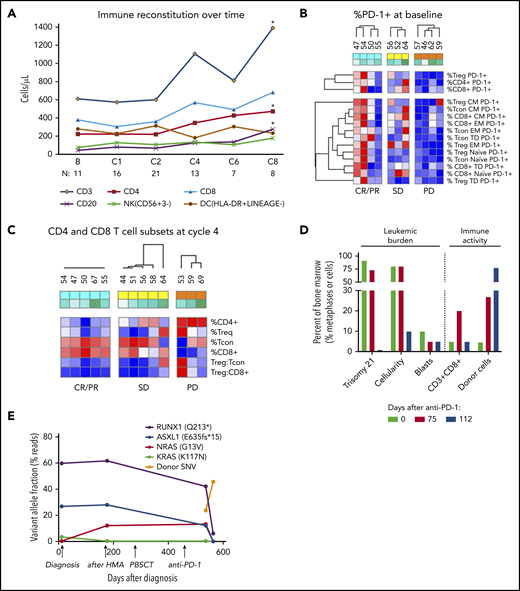 Assessment of immunologic correlative studies. (A) Time course of immune cell populations at baseline and on treatment through cycle 8 (C8), including total T cell (CD3+), CD4+, and CD8+ T cell, B cell (CD20+), NK cell (CD56+CD3−), and DC (HLA-DR+LINEAGE−). Each dot represents median value. *P ≤ .05 compared with the baseline value. (B) Baseline %PD-1 expression in T-cell subsets in patients who went on to achieve response (CR/PR; green), SD (yellow), or progressive disease (PD) (orange) as best response. Red color represents the maximum value, and the blue color represents the minimum value in each row. (C) CD4 and CD8 T-cell subsets at cycle 4 according to response status, including Treg and Tcon. Red color represents the maximum value, and the blue color represents the minimum value in each row. (D) % of morphologic and cytogenetic bone marrow involvement as well as immune activity from CD3+CD8+ T-cell and donor-cell chimerism in a responding patient with CMML at baseline (green), day +75 post nivolumab (red), and day +112 post nivolumab (blue). The % of trisomy 21 is 100% of 10 XY recipient metaphase cells that were evaluated by the clinical cytogenetics laboratory, while the % of CTLs was 20% of the total marrow population. (E) Next-generation sequencing analysis of variant allele fraction for clones and subclones in this same CMML patient at time of diagnosis, after therapy with a hypomethylating agent (HMA), and after nivolumab therapy. The level of donor single nucleotide variants post PBSCT and nivolumab therapy is depicted in orange.