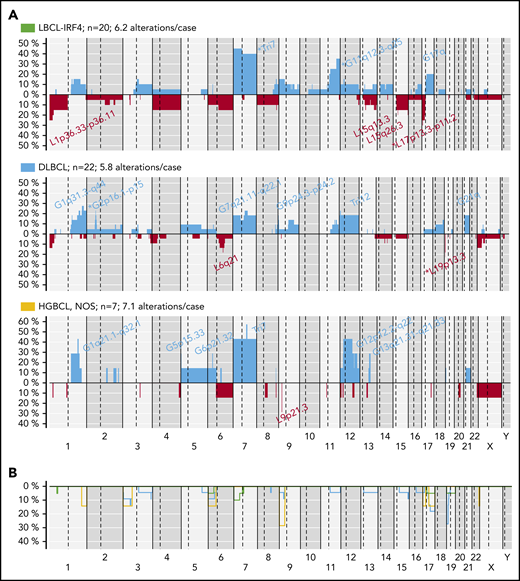 CN profile of pediatric and young adult LBCL cases. (A) Global CN profiles of 20 LBCL-IRF4 cases; 22 DLBCL, NOS cases; and 7 HGBCL, NOS cases. x-axis indicates chromosomes from 1 to Y and p to q. The vertical axis indicates frequency of each genomic aberration among the analyzed cases. Gains are depicted in blue and losses in red. Most frequently recurrent regions are indicated for LBCL-IRF4; DLBCL, NOS (>20%); and HGBCL, NOS (≥2 cases). Asterisks indicate significant differences between LBCL-IRF4 and DLBCL (Fisher’s test, P < .05). (B) Comparative plot of CNN-LOH among the 3 morphological groups described above. Green identifies LBCL-IRF4; blue DLBCL, NOS; and yellow HGBCL, NOS.