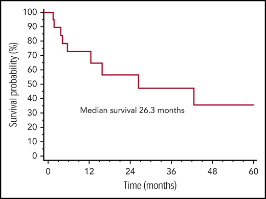 Overall survival in systemic AL amyloidosis and nonlymphoplasmacytic LPDs. Overall survival from diagnosis of AL amyloidosis of 21 patients with systemic amyloidosis and nonlymphoplasmacytic LPDs.