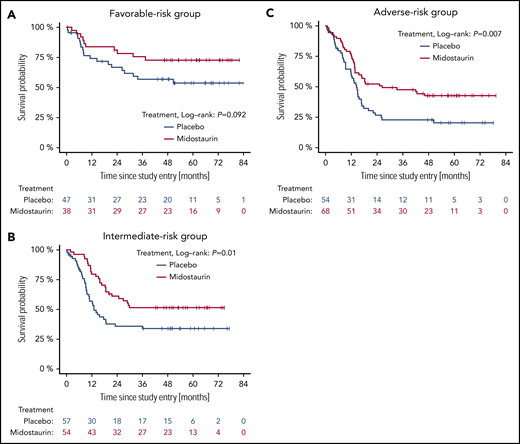 OS of patients with the different NPM1/FLT3-ITD genotypes by 2017 ELN risk group and by treatment. (A) Favorable-risk group. (B). Intermediate-risk group. (C) Adverse-risk group.