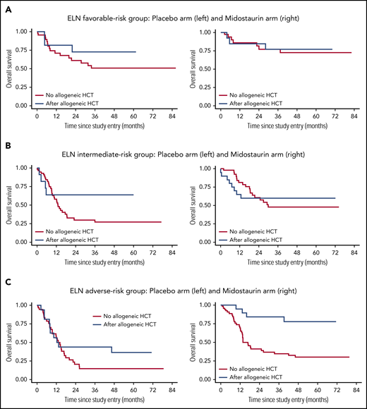 OS by 2017 ELN risk group, by type of postremission therapy (conventional consolidation vs allogeneic HCT in CR1), and by treatment arm (placebo vs midostaurin). Simon-Makuch plots illustrating the influence of allogeneic HCT as a time-dependent variable: patients who receive an allogeneic HCT move from the red to the blue curve at the time that the allogeneic HCT is performed. (A) ELN favorable-risk group: placebo arm (left panel) and midostaurin arm (right panel). (B) ELN intermediate-risk group: placebo arm (left panel) and midostaurin arm (right panel). (C) ELN adverse-risk group: placebo arm (left panel) and midostaurin arm (right panel).