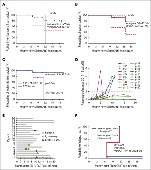 Long-term outcome. (A) LFS of all patients who received sequential CAR T-cell therapy. (B) Overall survival of patients who received sequential CAR T-cell therapy. (C) LFS comparison after CAR T-cell therapy between patients without or with the TP53 mutation. (D) Normal CD19+ B cells in every patient’s BM after sequential CD19 and CD22 therapy. The red lines indicate patients with relapse, and the last time point represents the diagnosis of relapse. (E) Recovery of immunoglobulin and normal B cells in BM among 20 patients, determined by immunoturbidimetry and FCM, respectively. (F) The probability of relapse rate associated with immunoglobulin recovery. (G) Leukemic CD19 and CD22 expression in the 3 patients with relapse, determined by FCM. In panels A and B, dashed lines indicate 95% confidence intervals. In all panels, the tick marks indicate the time of data censored at the last follow-up.