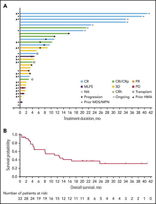 Treatment responses and overall survival. (A) Duration of treatment and best overall response (n = 33*). (B) Kaplan-Meier estimate for overall survival (n = 33*). *One patient enrolled in dose-escalation phase was positive for the IDH1-D54N mutation by local testing and was not positive for the IDH1-R132 mutation by the companion diagnostic test; this patient was therefore excluded from the efficacy analyses. CRi, CR with incomplete hematologic recovery; CRp, CR with incomplete platelet recovery; HMA, hypomethylating agent; MDS, myelodysplastic syndrome; MLFS, morphologic leukemia-free state; MPN, myeloproliferative neoplasm; NA, not assessed; PD, progressive disease; PR, partial response; SD, stable disease.
