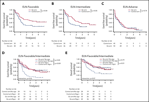 Benefit of GO according to ELN classification and the existence of signaling mutation. (A-C) EFS according to ELN 2017 subgroups. EFS (D) and OS (E) according to protocol arm and the existence of signaling mutations.