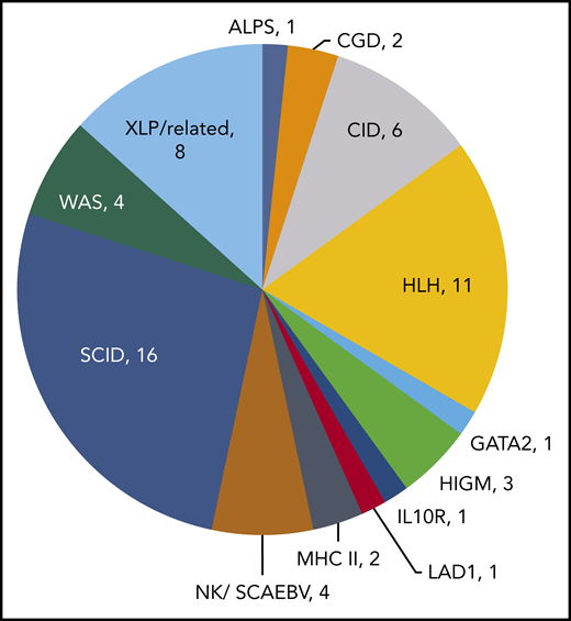 Diagnoses of primary immunodeficiency patients who were treated with virus-specific T-cell therapy. ALPS, autoimmune lymphoproliferative syndrome; CGD, chronic granulomatous disease; CID, combined immunodeficiency; HLH, hemophagocytic lymphohistiocytosis; HIGM, hyper-immunoglobulin M syndrome; LAD1, leukocyte adhesion deficiency type I; MHC II, major histocompatibility complex deficiency type II; NK, natural killer; SCAEBV, severe chronic active EBV; WAS, Wiskott-Aldrich syndrome; XLP, X-linked lymphoproliferative disorder.