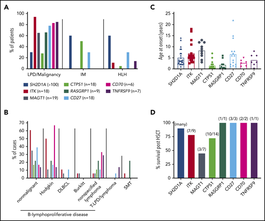 Clinical features of inborn errors of immunity predisposing to EBV-induced disease. (A) Proportions of patients with mutations in the indicated genes developing lymphoproliferative disease (LPD)/malignancy, severe IM, and/or HLH. (B) Breakdown of lymphoproliferative disease and the types of malignancies observed in these patients. DLBCL, diffuse large B cell lymphoma; SMT, smooth muscle tumor; T-LPD, T cell lymphoproliferative disease. Data for XLP1 is not included in this graph. (C) Age of onset of initial presenting clinical features for the indicated genotypes. Data for 25 individual patients with XLP1 (SH2D1A mutations) are derived from Pachlopnik Schmid et al.29 The average for these 25 patients (4.9 years) is consistent with the median reported by Booth et al27 for large cohorts of EBV+ (4 years; n = 51) and EBV− (3 years; n = 28) XLP1 patients. (D) Survival post-HSCT. Data for XLP1 patients is based on the study by Booth et al27; data for the other genotypes are from individual case reports. Note that apart from XLP1 due to SH2D1A mutations, relatively few patients with other monogenic mutations have undergone HSCT.