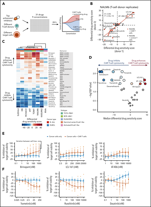 Validation of top candidate drugs influencing CAR T-cell cytotoxicity across B-cell malignancies. (A) Schematic of validation experiments performed using different T-cell donors and target cell lines with a focused 31-drug panel spanning 9 drug concentrations. (B) Comparison of differential DSSs (CAR T-cell or control T-cell coculture compared with NALM6 alone) between experiments performed using CAR T cells from different donors. Correlation coefficient R and P values are calculated using Pearson correlation of the NALM6 plus CAR T-cell coculture scores shown in orange. (C) Heatmap of differential DSSs (CAR T-cell coculture compared with target cells alone) across 8 cell lines representing B-ALL and DLBCL. Drugs are ordered by average differential DSS, and cell lines are clustered using Spearman correlation distance and Ward’s linkage. (D) Volcano plot of drug response differences between validation drug screens with CAR T-cell exposure or with target cells alone. Vertical axis and dot size show the significance of DSS difference between CAR T cell–treated and target-only conditions for each drug as negative log10 of the P value obtained using Wilcoxon signed-rank test. Horizontal axis and the blue and red color intensities show the median differential DSS for each drug. Drugs with FDR >10% (Benjamini-Hochberg procedure) are colored gray. (E) Dose-response curves of CAR T-cell cytotoxicity for the SMAC mimetics birinapant, LCL-161, and AT-406 across the 8 cell lines. Orange curve and points indicate drug responses with coculture of CAR T cells and target cells, and blue curve and points indicate drug responses with target cells only. Curves are drawn using the median percent inhibition values across cell lines shown as rectangles; dots indicate individual cell line percent inhibition values; vertical lines indicate interquartile ranges. (F) Dose-response curves of CAR T-cell cytotoxicity for selected inhibitory drugs across the 8 cell lines as in panel E.