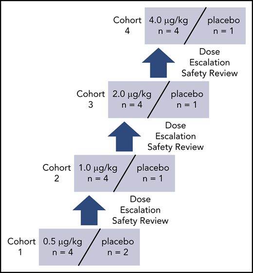 Dose-escalation schedule for AB002 phase 1 clinical study. Subjects were screened and those who met the eligibility criteria were randomized to receive either AB002 or placebo at a 4:1 ratio, except for cohort 1, in which the ratio was 4:2 to include 2 sentinel subjects (1 active and 1 placebo). Each cohort was dosed sequentially. Prior to dose escalation, all safety data were collected from each subject through day 14 and reviewed by the safety review committee during a dose-escalation safety review meeting.