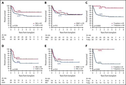 Effect of transplant-related factors on OS. Panels A to C show the effect of transplant-related variables in the entire cohort; panels D to F show their effect in patients who were MRD-positive before transplantation. (A,D) Effect of donor source. (B,E) Effect of conditioning type. (C,F) Effect of T-cell depletion.