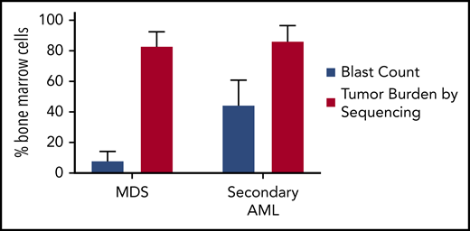 Tumor burden is similar at MDS and secondary AML. Tumor burden at MDS and secondary AML (percentage of bone marrow cells) from 8 patients assessed at both time points.17,18 Tumor burden was measured by morphology using the blast count percentage and sequencing of total bone marrow cells (ie, percentage of clonal cells based on the mutations’ variant allele frequency). Although the blast count increases significantly from MDS to secondary AML, the percentage of clonal cells based on sequencing is similar at both time points. Data are mean ± standard deviation.