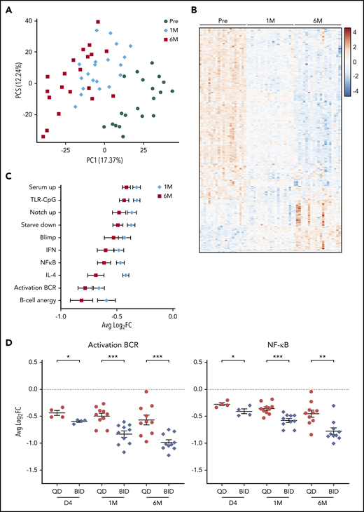 Transcriptome analysis of circulating tumor cells from patients before and after treatment with acalabrutinib. (A) Principal component analysis of samples collected at baseline (●), after 1 cycle (♦), and after 6 cycles (▪). (B) Heatmap of DE genes (fold-change ≥2, FDR < 0.1) (C) Average ± SEM log2 fold-change in expression of leading-edge genes of the indicated gene signatures after 1 cycle and after 6 cycles compared with baseline. (D) Average ± SEM log2 fold-change in leading edge genes from BCR and nuclear factor-κB signatures in the BID group compared with the QD group. *P < .05, **P < .01, ***P < .001.