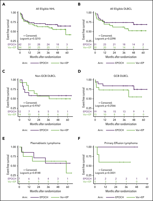 EFS analysis. Kaplan-Meier curves of EFS after treatment with vorinostat-R-EPOCH and R-EPOCH alone for all study-eligible patients with aggressive HIV-NHL (n = 86) (A); all DLBCL (n = 61) (B); non-GCB (n = 26) (C) and GGB (n = 34) DLBCL subtypes (1 case was not classified) (D); and PBL (n = 15) (E) and PEL (n = 7) (F).