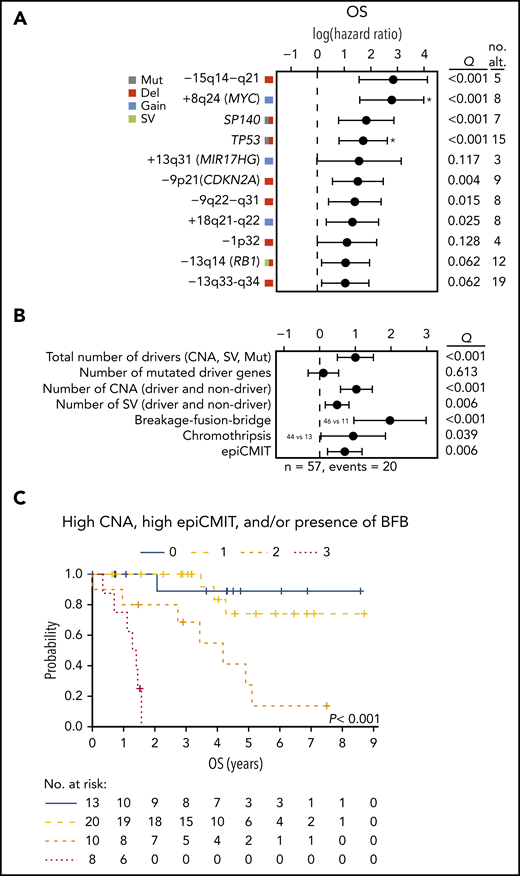 Clinical relevance of genomic and epigenomic alterations in MCL subtypes. (A) Impact of driver alterations on OS. The impact is quantified with the 95% confidence interval of the log hazard ratios. The Q value shown is the adjusted P value of the log-rank test. Only alterations with at least 3 altered cases and prognostic value are shown. Drivers with independent prognostic value (Q < 0.05) of the number of CNA are indicated (*). (B) Impact of the cumulative number of genetic and epigenetic changes to OS. The impact is quantified with the 95% CI of the log hazard ratios. Continuous variables were scaled. The Q value shown is the adjusted P value of the simple Cox regression for the continuous variables or the log-rank test for the binary variables (BFB and chromothripsis). The number of SV was available in 42 cases. The epiCMIT was available in 51 cases and its effect was adjusted by the cell of origin (C1/C2). (C) Kaplan-Meier curves of OS according to the number of risk features (high CNA, high epiCMIT, and/or presence of BFB). Number of CNA >7 (median) and epiCMIT >0.6 (valley of a bimodal distribution) were considered high. no. alt, number of altered cases.