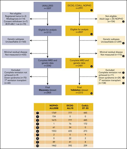 CONSORT diagram for the discovery and validation data sets. To enable meaningful cross-cohort comparison, we applied multiple exclusion criteria. Patients who did not achieve complete remission were excluded, because no meaningful MRD value could be measured. Patients who underwent stem cell transplantation (SCT) in first remission were excluded because each trial used different selection criteria. Patients with BCR-ABL1 fusion or Down syndrome and those age >25 years were excluded because they were not eligible for ≥1 cohort. Excluded patients (dotted boxes) were counted in each applicable category.