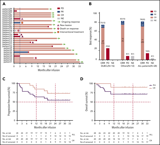 Clinical efficacy of TanCAR7 T cells in patients with r/rNHL. (A) Durations of the response and survival after the infusion of TanCAR7 T cells. Patient 3 died of severe pneumonia outside of our institute after achieving a CR 10 months postinfusion, and patient 18 died from a severe pulmonary infection associated with persistent unrecoverable myelosuppression. Four patients had new lesions in the context of controlled primary lesions. (B) Objective response rate (ORR) among the 28 treated patients; it was calculated by dividing the number of patients with a CR or PR by the number of the patients who received TanCAR7 T cells. Kaplan-Meier estimates of progression-free survival (C) and overall survival (D). The rates were calculated using data for all 28 patients who received an infusion. ALL, acute lymphocytic leukemia; NE, not evaluated; PR, partial response.