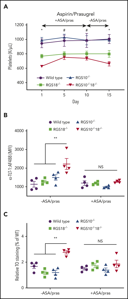 In vitro and in vivo indicators of premature platelet activation. (A) Platelet counts in WT, RGS18−/−, RGS10−/−, and RGS10−/−18−/− mice treated daily for 10 days with 50 mg/kg aspirin (ASA; cyclooxygenase inhibitor) and 1.875 mg/kg prasugrel (pras; P2Y12 inhibitor) by oral gavage, followed by 5 days without treatment. n = 4; mean ± SEM. *P ≤ .05 for WT and RGS10−/− vs RGS18−/− vs RGS10−/−RGS18−/−. #P ≤ .05 for WT and RGS10−/− vs RGS18−/− and RGS10−/−RGS18−/−. Data showing the impact of these drugs on platelet activation is included in supplemental Figure 4. (B-C) Flow cytometric analysis of anti-TLT-1 binding (B) and TO staining (C) prior to and 5 days after drug treatment.