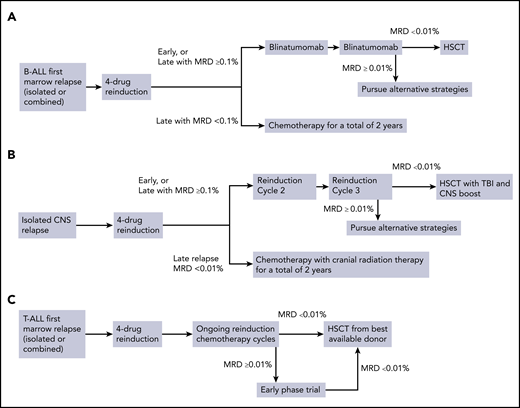 Treatment algorithms for children with relapsed ALL. (A) Treatment of marrow relapses of B-ALL. (C) Treatment of isolated CNS relapse. (C) Treatment of relapsed T-ALL.