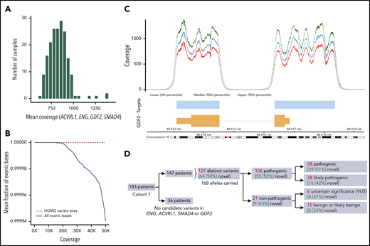 Technical evaluation and output from the HHT panel of the ThromboGenomics platform. (A) Histogram of mean coverage in 183 samples over the targeted regions of the 4 targeted genes (ENG, ACVRL1, SMAD4, and GDF2). (B) The fraction of targeted exonic bases covered at the specified depth (0×-50×) or more, averaged over samples. The solid black line indicates exonic bases and demonstrates that on average, 99.99% of the targeted exonic bases are covered by at least 50 sequencing reads. The dashed red line indicates bases that lie within Human Genome Mutation Database (HGMD) variants and demonstrates that they are all covered by at least 50 sequencing reads. (C) Coverage profile for the GDF2 gene encoding BMP9 on chromosome 10, mapped against the corresponding transcript (orange), which indicates the position and size of the 2 GDF2 exons. The pale blue bars indicate the targeted region, and the 3 traces above indicate the median and 5th and 95th percentile coverage across the locus. Despite the high coverage, no pathogenic variants were identified in the cohort. Equivalent plots for ENG, ACVRL1, and SMAD4 are provided in supplemental Figure 2. (D) Schematic of the classification of the 127 distinct candidate variants identified by the platform. VUS, variant of uncertain significance.