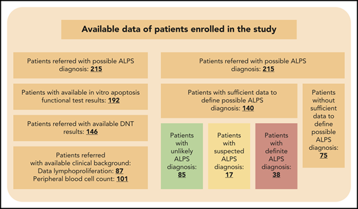 Patients enrolled in the study with the accessible diagnostic results. A total of 215 patients were referred with potential ALPS diagnosis. The minimal criteria for evaluation were at least 2 major criteria and 1 minor criterion; 140 patients were evaluable. Patients were considered as definite ALPS patients if at least 3 major or at least 2 major and 2 minor criteria were observed. Patients were considered suspected ALPS patients if at least 2 major criteria and 1 minor criterion were observed.