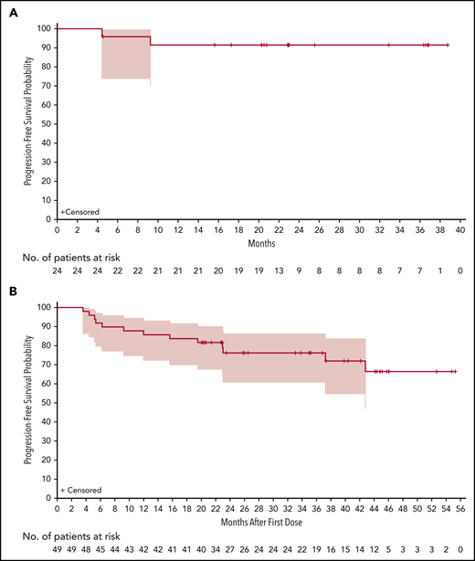 Kaplan-Meier plots of PFS. PFS for TN (A) and R/R (B) patients is shown. Gray areas indicate 95% CIs.