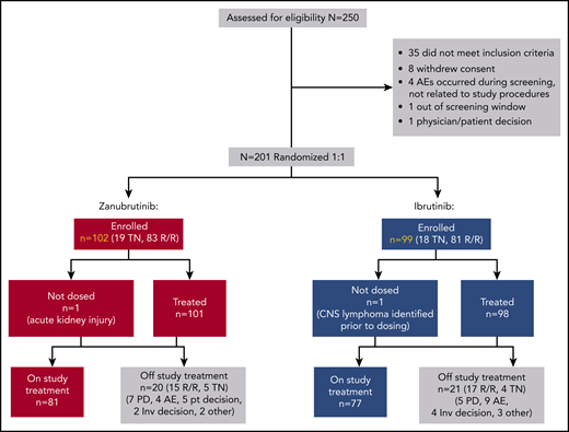 BGB-3111-302 (ASPEN) patient disposition. CNS, central nervous system; inv, investigator; PD, progressive disease; pt, patient.