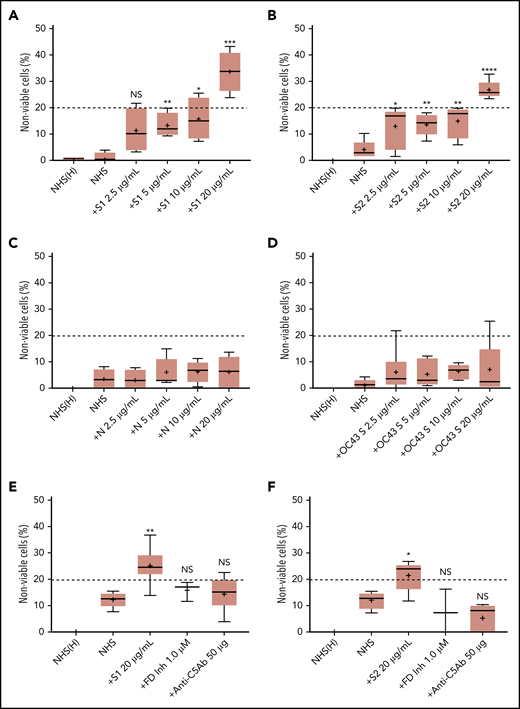 SARS-CoV-2 spike proteins induce complement-mediated cell killing that can be blocked by complement inhibitors in the mHam assay. TF1PIGAnull cells were treated with 20% NHS preincubated with diluted SARS-CoV-2 spike protein subunit 1 (S1), subunit 2 (S2), N proteins (N), and HCoV-OC43 S proteins (2.5 µg/mL to 20 µg/mL), and then measured for cell killing. Complement-mediated cell killing (%) was markedly increased in a dose-dependent manner with addition of S1 (A) and S2 (B). Increasing the concentration of N protein (C) and HCoV-OC43 S protein (D) did not increase the cell death (%) from baseline NHS level. Complement inhibition with 1 µM factor D inhibitor or 50 µg of anti-C5 monoclonal antibody completely blocked the cell killing induced by 20 µg/mL S1 (E) and S2 (F). The dotted line at 20% nonviable cells was established as a threshold for a positive mHam based on a receiver operative curve. All experiments were repeated at least 3 times. Statistical significance was calculated between each CoV protein–treated group and the NHS-treated group (*P < .05, **P < .01, ***P < .001, ****P < .0001). Anti-C5Ab indicates anti-C5 monoclonal antibody; FD Inh, factor D inhibitor (ACH145951); NHS(H), heat-inactivated NHS; NS, not significant.