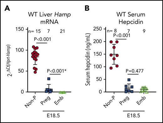 Hepcidin expression in nonpregnant and pregnant females and embryos in mice. WT C57BL6/J nonpregnant females were compared with age-matched pregnant females and their embryos at E18.5 for hepatic Hamp mRNA (A) and serum hepcidin (B) concentrations. Statistical differences between groups was determined by 2-tailed Student t test for normally distributed values or by Mann-Whitney rank-sum test for nonnormally distributed values (indicated by * following P value). Emb, embryos; Non-P, nonpregnant; Preg, pregnant.