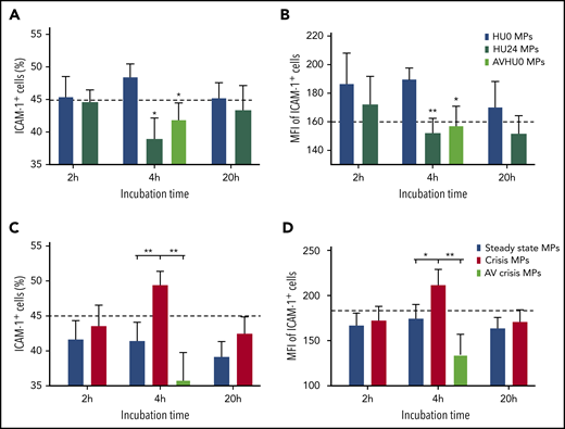 HU treatment or PS capping effects contrast with crisis MP–mediated increase in ICAM-1 level. At 4 hours, the percentage of ICAM-1+ cells (A) and their MFIs (B) were decreased with HU24 MPs or AVHU0 MPs (plasma MPs of untreated SS patients preincubated with AV to cap their exposed PS) compared with HU0 MPs (n = 15 for this cohort). *P < .05, **P < .01 vs corresponding HU0 MP level. For the other cohort of SS patients (n = 16), the percentage of ICAM-1+ cells (C) and their MFIs (D) were increased with crisis MPs vs steady-state MPs or AVcrisis MPs (plasma MPs of SS patients collected during crisis and preincubated with AV). Dotted lines represent control level (without MPs) at 4 hours. *P < .05, **P < .01.
