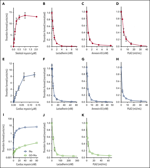 SkM and CM myosin-mediated prothrombinase activity results from contaminating phospholipids. Varying concentrations of rabbit SkM (A) or bovine CM (E) myosin were incubated with 5 nM fVa, 0.2 nM fXa, and 1 µM prothrombin in the presence of 5 mM CaCl2, 150 mM NaCl, and 50 mM Tris, pH 7.85. Reactions were stopped after 5 min with EDTA, fIIa substrate S-2238 was added, and color development was measured in kinetic mode on a VersaMax microplate reader (Molecular Devices). Substrate development was converted to U/mL IIa using a standard curve. Myosin supported generation of thrombin in the absence of added phospholipid. SkM, 64 nM, (B-D) or 16 nM CM (F-H) were preincubated with lactadherin (B,F), annexin A5 (C,G) or phospholipase A2 (D,H) for 5 min before the addition of fVa, fXa, and prothrombin. Lactadherin and annexin A5 inhibited myosin-mediated thrombin activation at similar concentrations (half-maximal inhibition: 0.35 ± 0.07 and 0.33 ± 0.02 nM, respectively, for SkM; 3.0 ± 0.8 and 1.4 ± 0.3 nM, respectively, for CM). Phospholipase concentrations >32 mU/mL inhibited SkM- and CM-mediated thrombin activation >99% and >95%, respectively. Support of CM for Gla-domain–deleted fXa (GD-fXa, 0.2 nM) or fXa for 10 min was evaluated (I). GD-fXa (open squares) supported <1% of the activity supported by full fXa (open circles). To test inhibition in the presence of GD-fXa, CM (160 nM) was incubated with either lactadherin (J) or PLA2 (K) for 5 min before the addition of 5 nM fVa, 1 nM GD-fXa, and 1 µM prothrombin. The reaction was run for 10 min before quenching with EDTA. Lactadherin and PLA2 inhibited ∼95% of myosin-mediated activity. Data shows mean ± standard deviation (SD) for 4 (SkM) and 3 (CM) experiments, each performed in duplicate.