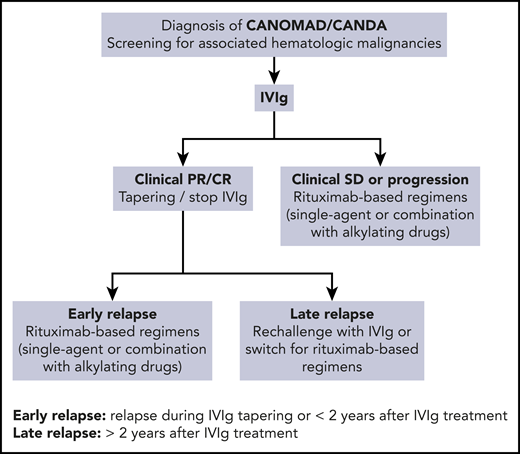 Therapeutic algorithm for CANOMAD/CANDA management. PE, plasma exchange.