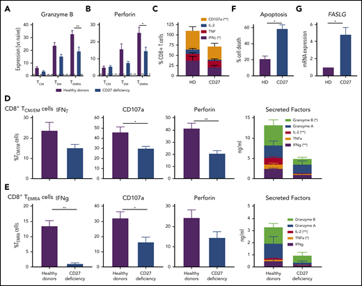 CD8 T-cell function. CD27 deficiency compromises effector function and survival of CD8+ T cells. (A-B) PBMCs were stained with mAbs to CD8, CCR7, CD45RA, granzyme B, and perforin. Expression levels of (A) granzyme B or (B) by CD8+ TCM, TEM, and TEMRA cells were determined relative to naive CD8+ T cells (normalized to 1.0). (C) PBMCs from healthy individuals (n = 5) and CD27-deficient individuals (n = 5) were stimulated for 14 hours (PMA/ionomycin) in the presence of brefeldin A and monensin. Percentage of cells expressing IFNγ, TNF, IL-2, or CD107a was determined by intracellular staining and flow cytometric analysis. (D-E) CD8+ memory (TCM/TEM; D) and TEMRA (E) cells were sort-purified from healthy individuals (n = 6) and CD27-deficient individuals (n = 4) and cultured with anti-CD2/CD3/CD28 mAbs for 5 days. Proportions of cells expressing IFNγ, CD107a, or perforin were determined by intracellular staining and flow cytometry; secretion of IFNγ, TNFα, IL-2, and granzyme A and B was determined by cytometric bead arrays. (F-G) PHA blasts were expanded from PBMCs from healthy donors (n = 5) and CD27-deficient patients (n = 3). After 5 to 7 days, the cells were restimulated with plate-bound α-CD3. (F) Percentage of apoptotic cells was determined after 24 hours. (G) Relative expression of FASLG expression was determined after 4 hours stimulation with α-CD3 mAb (normalized to PHA blasts from healthy donors). For all graphs, values represent mean plus or minus SEM. Statistics performed using Student t tests with Mann-Whitney tests. *P < .05; ** P < .01.