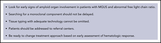 Common pitfalls in the management of patients with AL amyloidosis. A presymptomatic biomarker-based diagnosis is possible in patients at risk (subjects with MGUS and abnormal FLC ratio). Treating patients at early stages facilitates the access to effective therapies and can improve survival. The diagnostic pathways for AL and non-AL amyloidosis are different and the choice depends on the presence or absence of a monoclonal component. AL amyloidosis progresses more rapidly, but available treatments can rapidly reverse the course of the disease. The diagnosis of AL amyloidosis should not be delayed. Positive cardiac scintigraphy with bone tracers is not enough to establish a diagnosis of ATTR amyloidosis in a patient with a monoclonal component. Uncharacterized amyloid deposits on a tissue biopsy in a patient with a monoclonal component are not enough to establish a diagnosis of AL amyloidosis. Prespecified treatment duration and/or number of cycles should be avoided in AL amyloidosis. The goal is rapid and deep HR and if it is not reached, rescue therapy is needed. Organ response can sometimes be delayed.