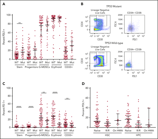 Cell surface immune checkpoint expression. Expression on HSCs (CD3−, CD11b−, CD14−, CD34+, CD38−), HPCs (CD3−CD11b−, CD14−, CD34+, CD38+), G-MDSCs (CD3−, CD33+, CD38−, CD11b+, CD14−), erythroid (CD3-, CD71+), and CD33+ cells was determined by flow cytometry. (A) PDL1 expression in TP53 mutant (Mut) vs wild-type (WT) myeloid populations. (B) Representative dot plot of increased PDL1 expression in TP53 mutant HSCs. (C) PD-1 expression TP53 mutant vs wild-type myeloid populations. (D) PDL1 expression in HSCs and HPCs based on HMA treatment status. g-MDSCs, granulocytic myeloid-derived suppressor cells. **P ≤ .01, ****P < .0001.