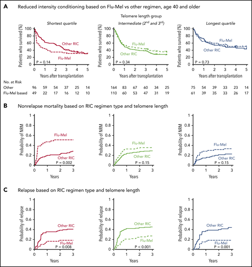 Outcomes based on fludarabine-melphalan vs other RIC regimen. Shown are Kaplan-Meier curves for overall survival and cumulative incidence (A) for nonrelapse mortality (B) and relapse based on telomere length and reduced-intensity regimen type (C). Fludarabine/melphalan (Flu-Mel)-based regimens are indicated by dashed lines; other RIC regimens are indicated by solid lines. Telomere length groups are indicated by color: the shortest quartile (red), second and third quartiles (green), and the longest quartile (blue). The distribution of melphalan doses is presented in supplemental Figure 7. Outcomes by telomere length quartiles in RIC regimen groups are presented in supplemental Figure 8.