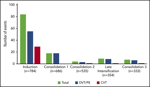Number of thrombosis per treatment phase. Seven patients developed VTE at different sites (3 patients with DVT and CVT, 2 with PE and CVT, 1 with DVT and PE during induction therapy, and 1 with DVT and PE during consolidation), and 3 patients with DVT experienced relapse of DVT during a subsequent phase of treatment.