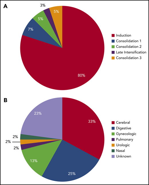 Timing and type of grade 3 to 4 bleeding complications. (A) Distribution of bleeding events according to treatment phase. (B) Distribution of bleeding type.